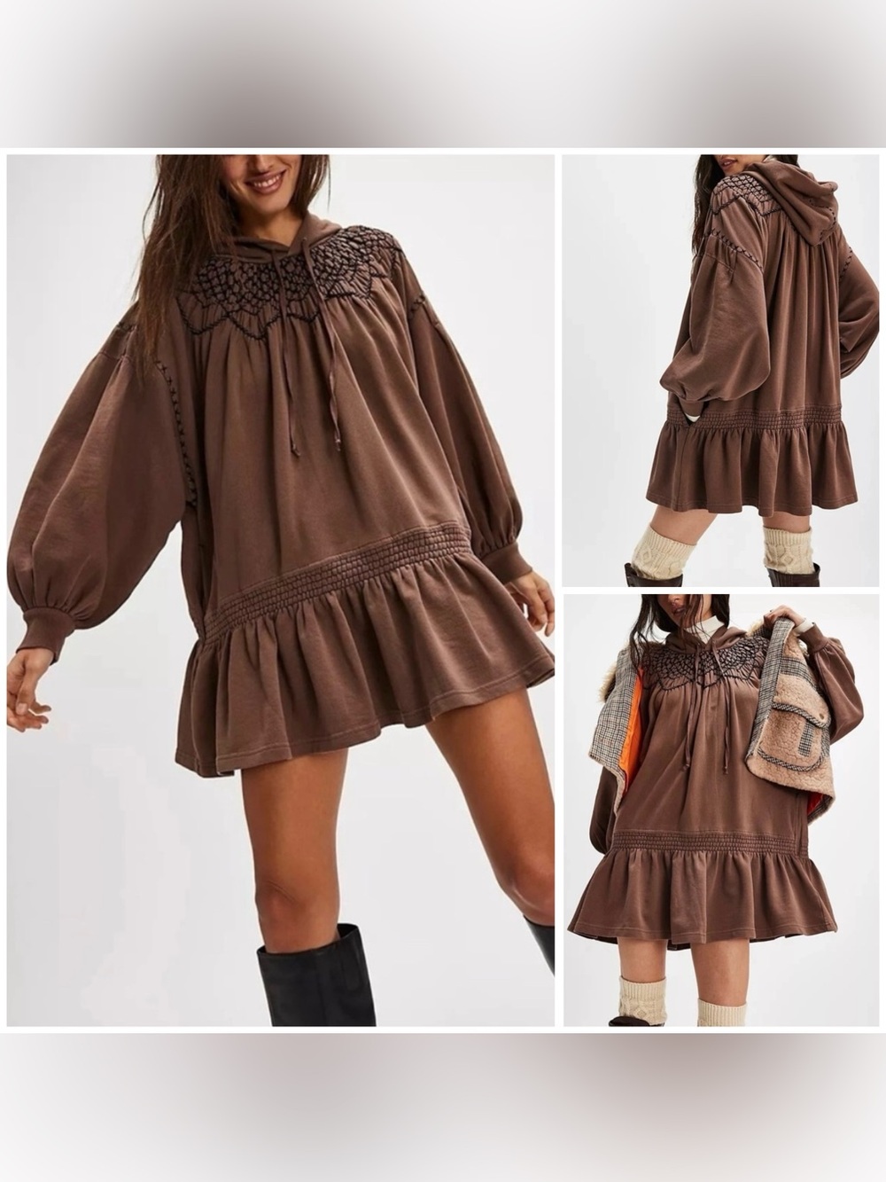 NWOT Free People Marty Smocked Mini Dress - brown bear - Small